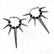 Punk Spike Hoop Earrings Stainless Steel Black Bead Goth Grunge Statement - NEW