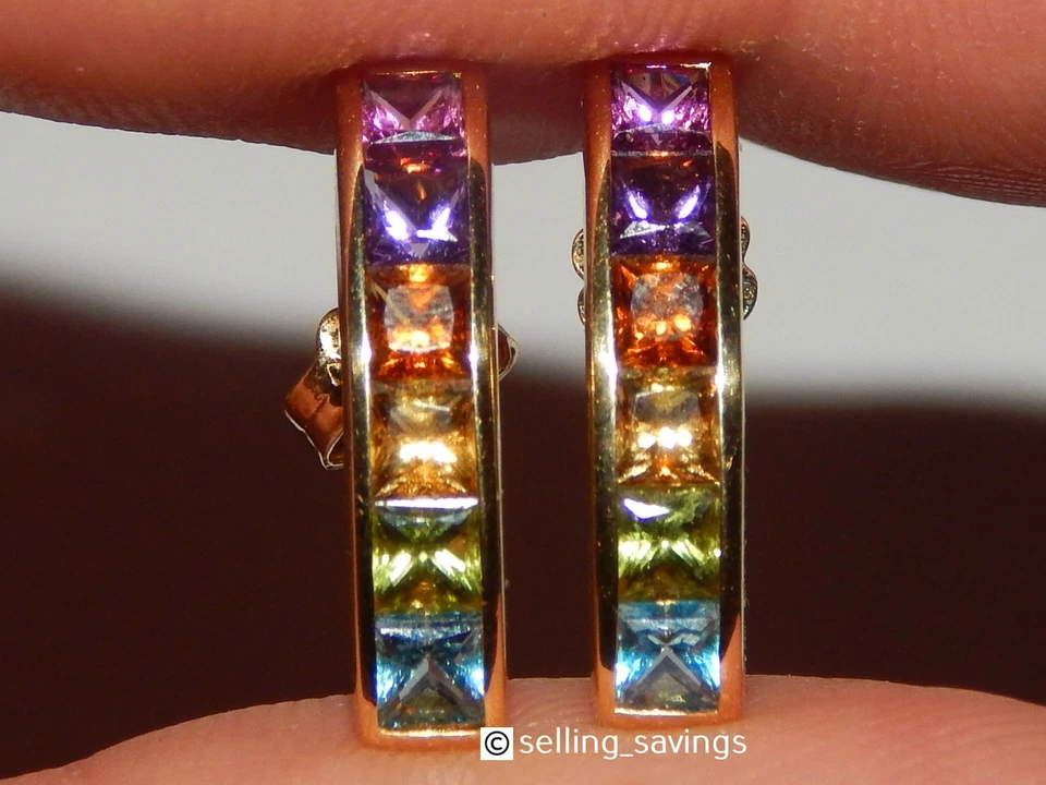 18K 黄金多宝石 7/10 英寸通道套装 HUGGIE 耳环 — 第 3/4 张图片