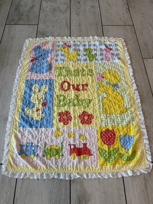 Vintage ''That's Our Baby'' Quilt Yellow Blue Pink Animals Train Tulips Eyelet