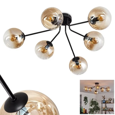 HOFSTEIN Fossobiubo Deckenlampe Flur aus Metall/Glas in Schwarz/Bernsteinfarben