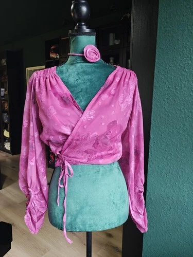 Jacquard Fuchsia Wickelbluse M Gewickelte Bluse mit Choker Crop Top Oberteil