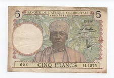 FRENCH WEST AFRICA 5 FRANCS 1936 PICK 21 LOOK SCANS