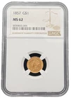 1857 P $1 Indian Princess Head Gold Dollar, Type 3, NGC MS 62, Nicely Struck