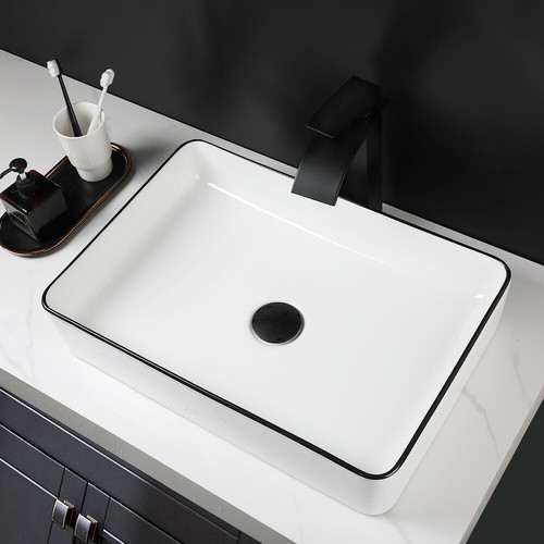 US Ceramic Sink Bathroom White Rectangle Basin Waterfall Deck Mounted Mixer Taps - Picture 12 of 12