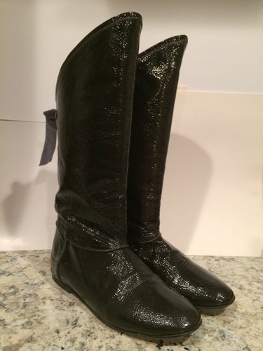 fabio rusconi mid calf boots patent leather pull on flat black