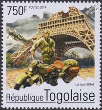 WWII 1944 Liberation of Paris / Eiffel Tower / Aircraft/Motorcycle Stamp (2014)