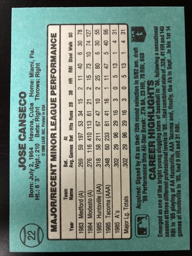 Jose Canseco 1986 Donruss the ROOKIES Rookie Card #22 (4196B) - Picture 2 of 2