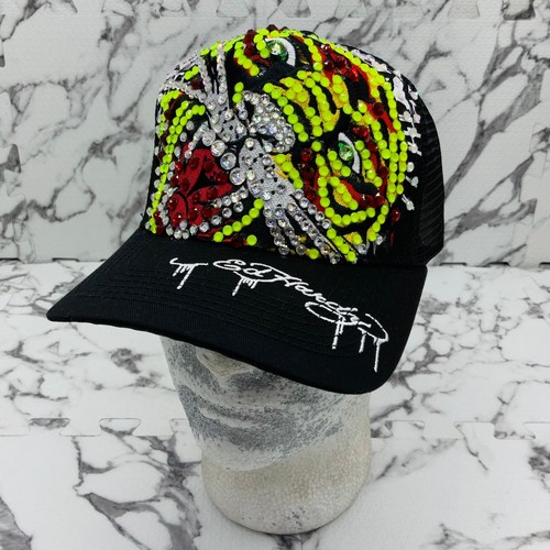 Men's Ed Hardy Tiger Black | Lime Green | Red Rhinestone Trucker Hat NWT - Picture 5 of 9