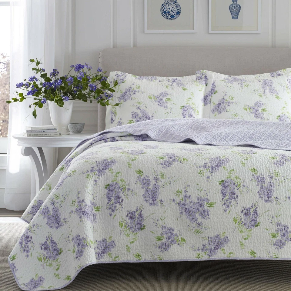 NEW! ~ COZY GARDEN CHIC SOFT PURPLE LILAC LAVENDER GREEN WHITE FLORAL QUILT SET - Image 3 of 4