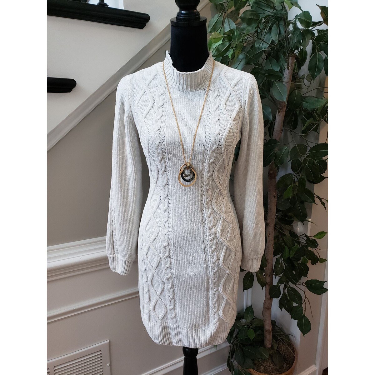 Allison Brittney Sweater Dress Women's Medium White Cable Knit