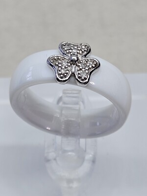 Ring 9 Karat Weißgold Diamant & weiße Keramik Größe L (4,48 g)