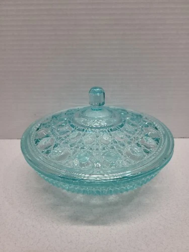 Vintage Indiana Glass Aqua Blue Depression Glass Lidded Candy Dish 8" Diameter