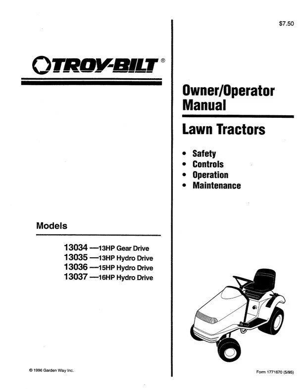 Owners Manual Troy Bilt Lawn Tractor Riding Mower Models 13034 13035 13036 13037