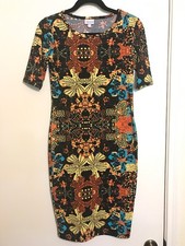 LULAROE Julia Dress XS Flowers Starfish Black Yellow Coral Turquoise MADE IN USA