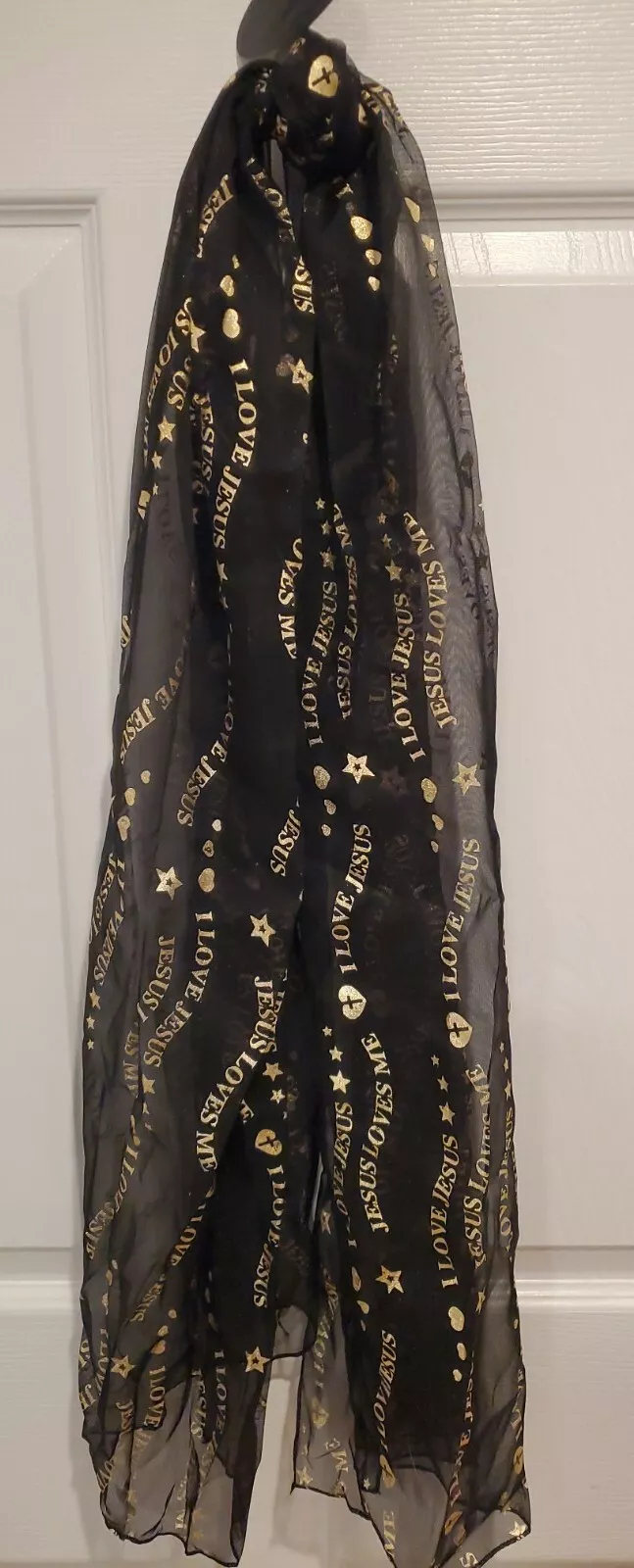 Jesus Loves Me ❤ I Love Jesus ❤ Christian Sheer Scarf Black & Gold   60