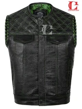 Mens Biker Vest or Hunt Club Leather Diamond Quilted Motorcycl vest Black /Green