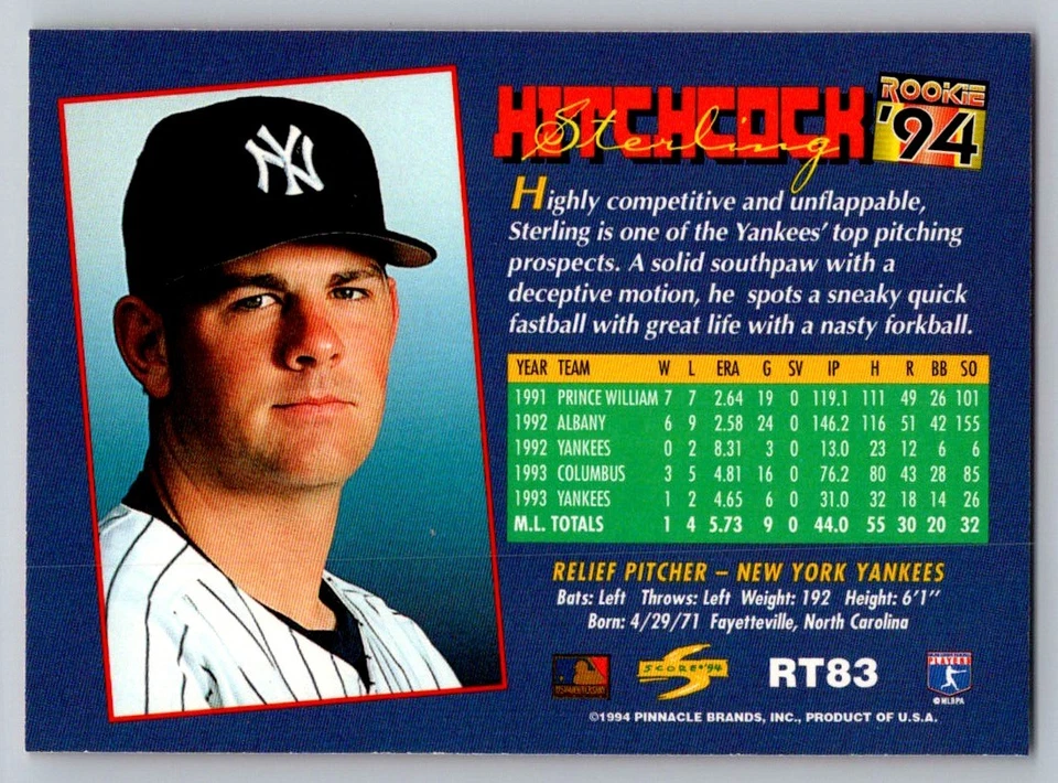 1994 Score Rookie & Traded #RT83 Sterling Hitchcock - Image 2 of 2
