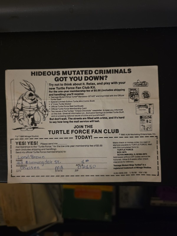 Turtle Force Fan Club Application (Vintage, 1990)