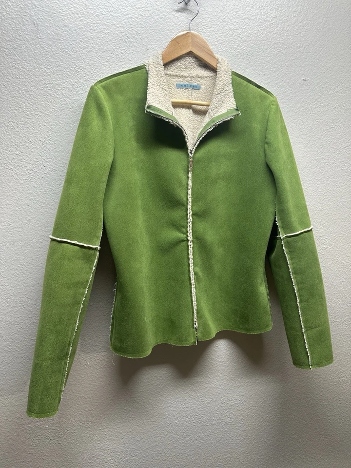 天鹅绒人造剪绒全拉链绿色麂皮绒夹克女式大号 — 第 2/4 张图片