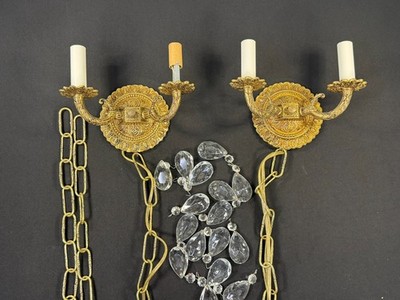 Vintage Brass 2 Arm Electric Wall Sconces Pair Crystal Prisms Ornate Tested