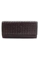 Bottega Veneta Womens Leather Intrecciato Flap Check Book Wallet Dark Brown