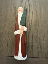 Original Hand Carved Wood Folk Art Santa Claus W/tree Statue Figurine Signed 8.5