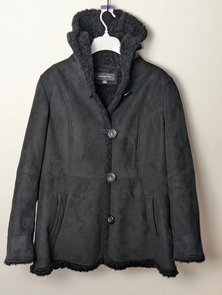 Jones New York Coat Women’s Large Black Sherpa Faux Suede Jacket