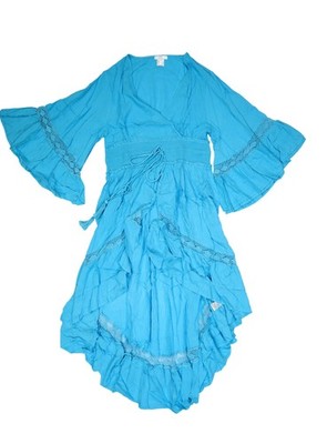 VENUS Dress Womens Large Blue Boho Crochet Bell Sleeve High Low Ruffle V Neck