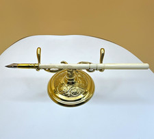 Gold-Tone Ornate Metal Desktop Pen Holder Stand with White Fountain Pen