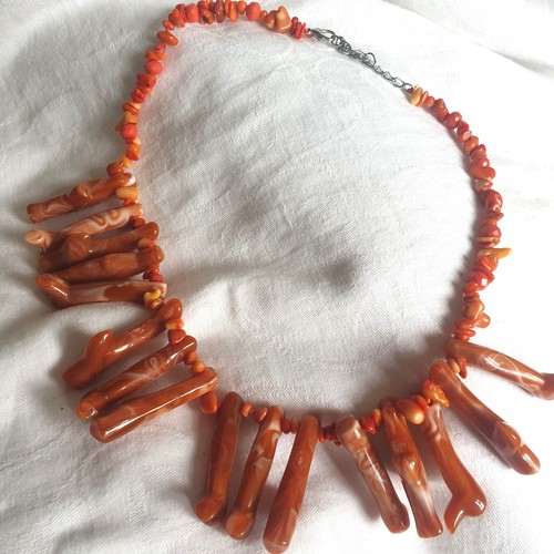 Statement Necklace Orange Faux Coral Resin Boho