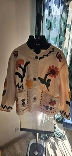 ZARA veste femme L coton courte brodée floral beige multicolore boutons poches