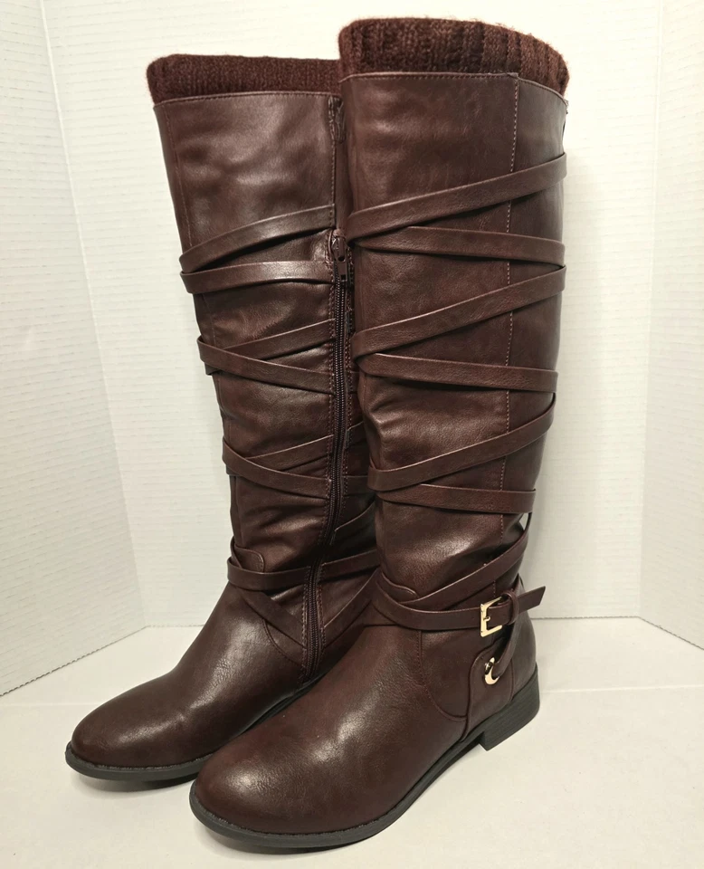 Botas de montar Orla by Shoedazzle, imitación cuero vino hasta la rodilla talla 9 para mujer con caja Foto 2 de 4