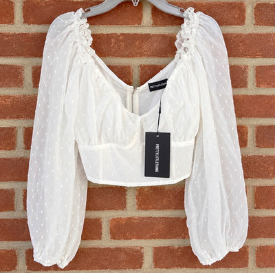 PrettyLittleThing White Swiss Dot Puff Sleeve Crop Top NWT Women s US 8