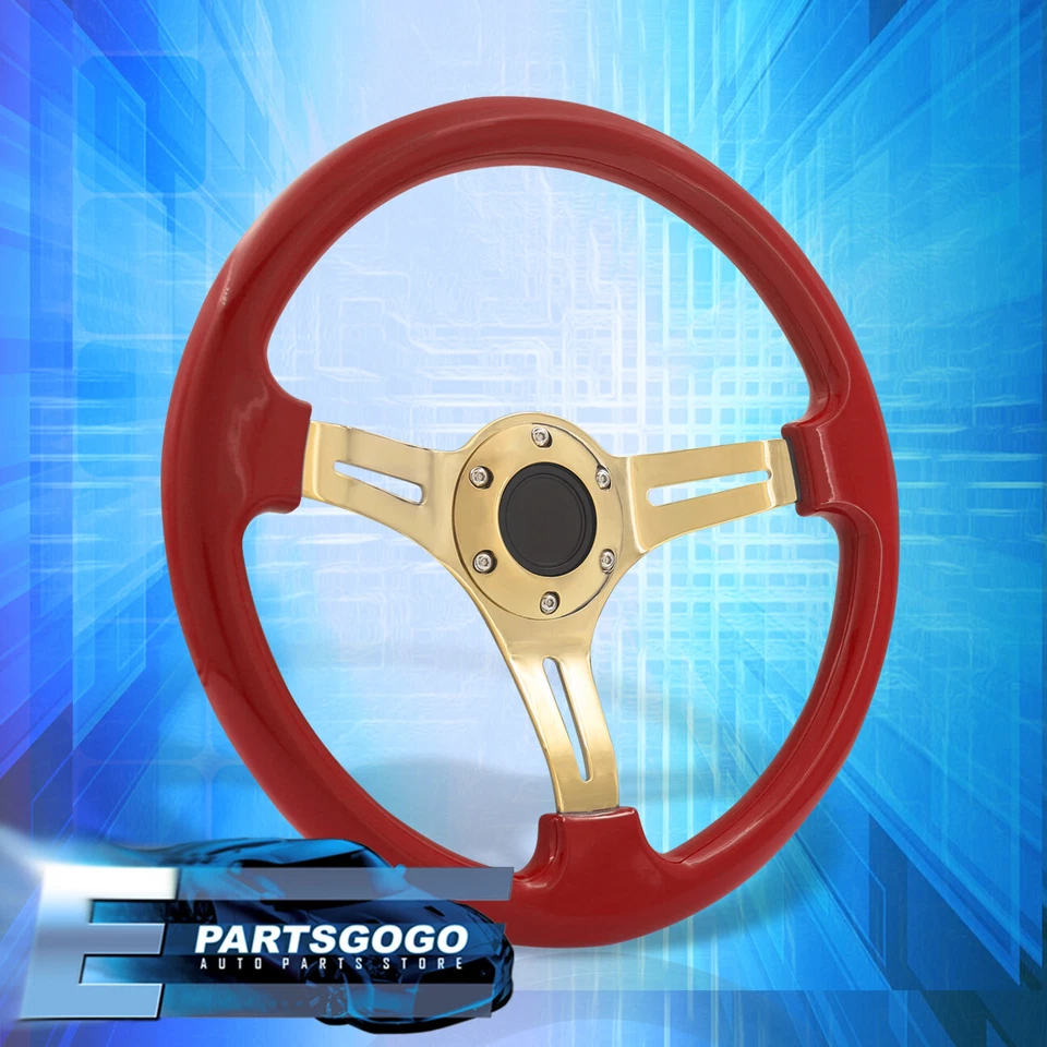 Universal 350mm Heavy Duty 6 Bolts Steel Steering Wheel Gold Center Red + Horn Foto 3 de 4