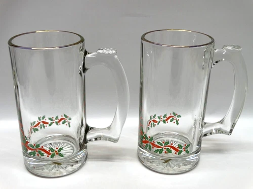 2 Vintage Libbey Arby's Christmas Holly Berry Beer Stein Mug Tankard w/Gold Rim