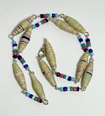 Handmade Paper Bead Necklace Multiple Pastel Colors And Glass Beads Silver Links
