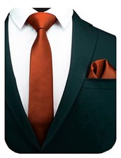 2.4" Slim Necktie and Handkerchief Set For Men Solid Skinny Tie Brooch Set Rust