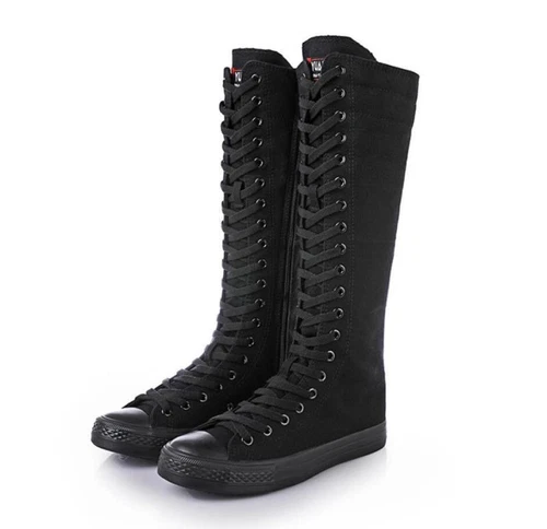 Women's flat bottomed lace up canvas knee high sports shoes boots punk gothic - Picture 13 of 18