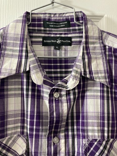 Beverly Hills Polo Club Purple/Gray/White  Plaid Button Down Mens XL Shirt - Picture 14 of 15