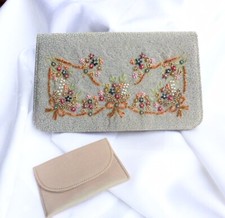 Vintage Hand Beaded Clutch Handbag Handmade Silver/grey Lovely EUC w/ Mirror