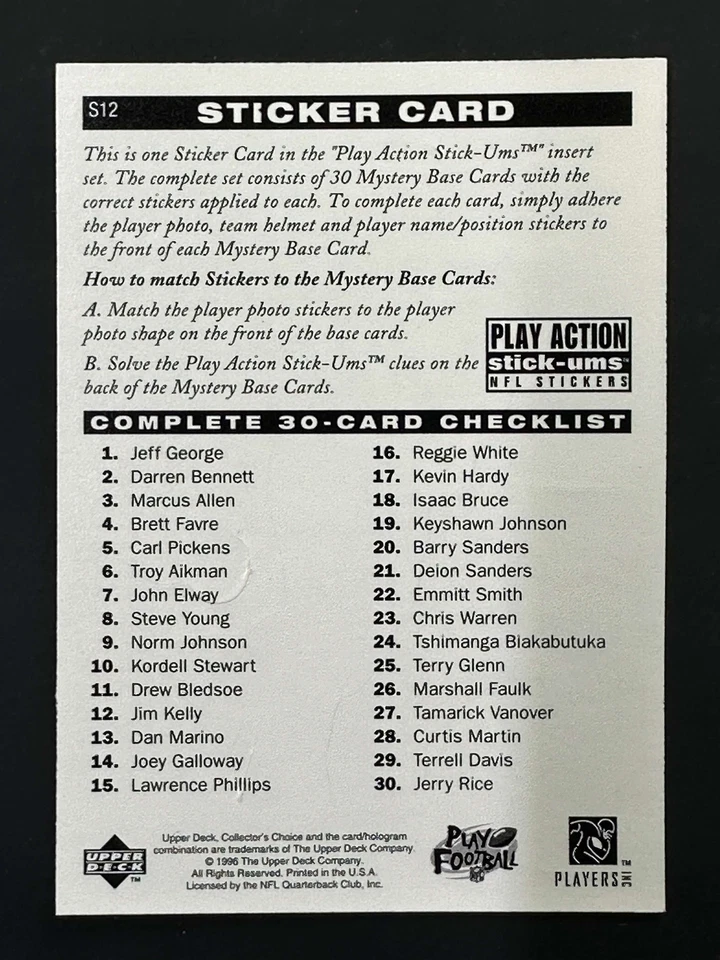 1996 UD Collector's Choice Jim Kelly Bills Play Action Stick-Ums S12 - Image 2 of 2