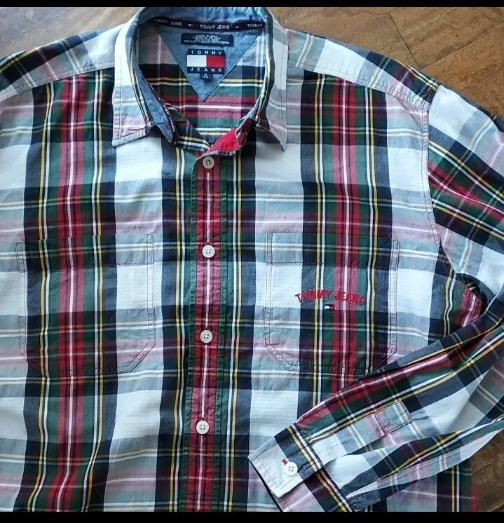 Tommy Hilfiger Tommy Jeans Plaid Button Down Shirt M Cotton White Red Blue Green