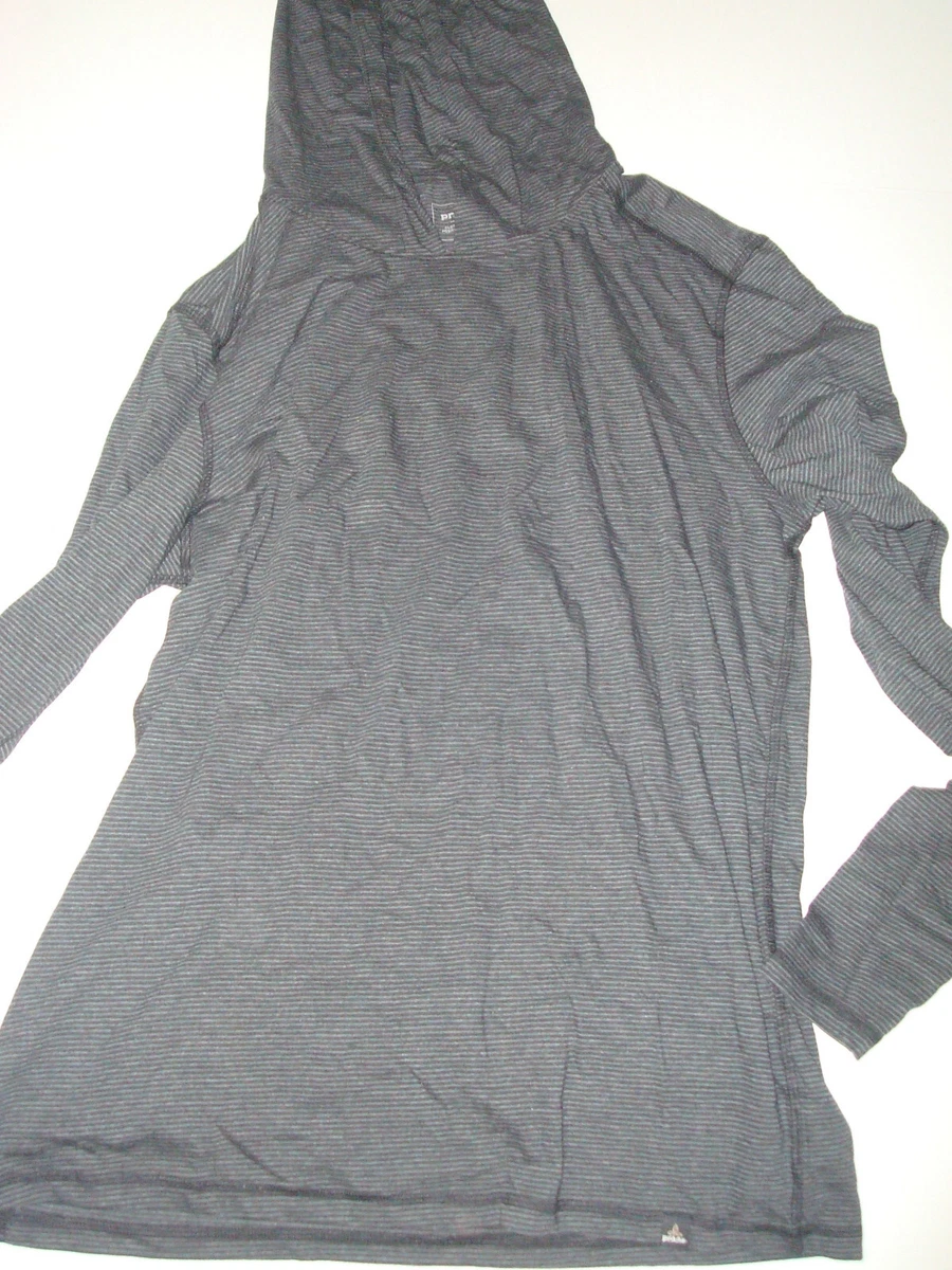 New Mens L Prana Hooded T Shirt NWT Black Stripe Casual Active