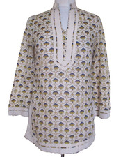 Tory Burch Tunic Top Beige Tan Blue Gold Floral Print Size 4 Women Long Sleeve