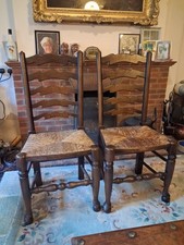 Vintage Pair Of  Oak Ladder Back Rush Seat Chairs Please See Pics For Size