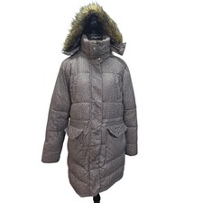 Herringbone Puffer Parka Faux Fur Hood Long Quilted Winter Coat Gray Womens M