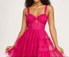 Sear & Cade Pink Tulle Ruffle Bow Sweetheart Strappy Fit & Flare Mini Dress S