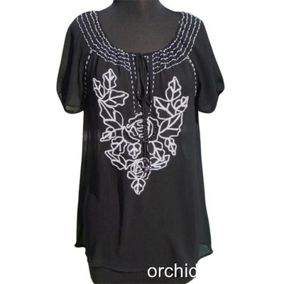Cache Peasant Tunic Boho Embroidery Embellished Silk Top New Key Hole NWT $138