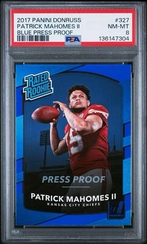 2017 Panini Donruss Rated Rookie Patrick Mahomes II #327 Press Proof Blue PSA 8