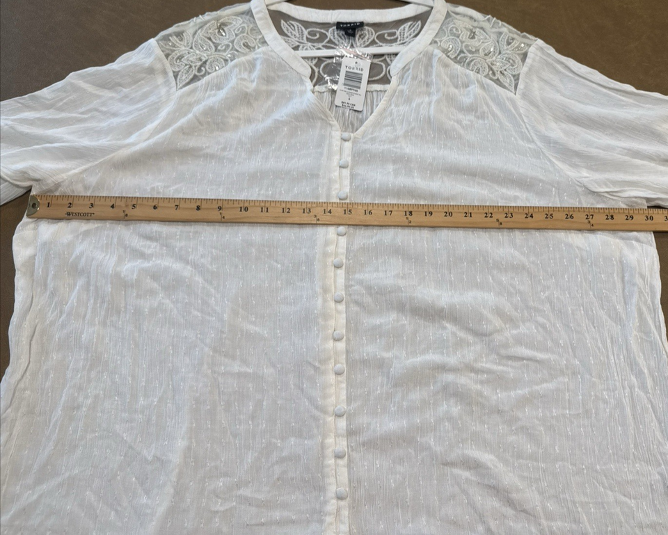Torrid 4X Roll Tab Sleeve Tunic Blouse Ivory Semi-Sheer Lace/Sequin ...